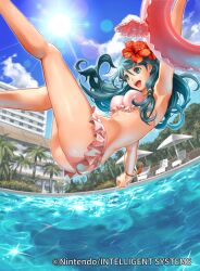 1girls alluring ass beach_chair beach_umbrella bikini blue_eyes blue_hair bracelet cloud company_connection copyright_name day female_focus fire_emblem fire_emblem_cipher fisheye flower frilled_bikini frills genei_ibunroku_#fe hair_flower hair_ornament hairclip i-la innertube intelligent_systems jewelry lens_flare long_hair medium_breasts nintendo official_art open_mouth oribe_tsubasa outside pink_bikini pool sky smile swim_ring swimming_pool swimsuit teal_hair tokyo_mirage_sessions_#fe tokyo_mirage_sessions_fe umbrella water