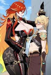 1boy 1girls aether_(genshin_impact) against_wall age_difference ahoge ai_assisted ai_generated ass biker_clothes blonde_hair blush bodysuit breasts breasts_pressed_against_partner bulge bulge_grab bulge_through_clothing bulge_under_clothes chin_grab dominant_female earrings fat_ass female femdom genshin_impact gloves half-closed_eyes huge_ass huge_breasts imminent_sex inviting inviting_to_sex jacket licking licking_lips long_hair long_sleeves looking_at_another male mavuika_(genshin_impact) mihoyo outside red_hair scared scared_expression size_comparison size_difference skindentation small_pupils street sweat sweatdrop tease teasing thick thick_thighs thigh_strap tight_clothes tongue tongue_out truck-kun_art truck_kun