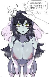 1girls bags_under_eyes black_hair blue_skin breasts_squeezed_together bridal_veil disembodied_hand female flower_in_hair garter_straps gloves graveflower_verbena green_eyes h_spike headpat hearts highres huge_breasts korean_commentary long_hair monster_girl nyanko_daisensou stitches the_battle_cats thick_thighs thighhighs undead zombie_girl