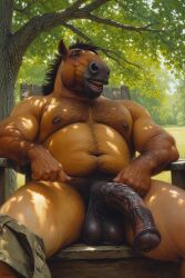 1boy ai_generated animal_genitalia animal_penis anthro anthro_only balls ballsack bara big_balls big_penis black_hair brown_body brown_fur chair chest_hair clothes clothing day dilf equine equine_genitalia equine_penis fat fat_male flared_penis forest furry furry_only furrypornaddiction hairy hairy_male happy_trail horse male male_only mature_male navel nipples obese obese_male outside pants penis plant pony pubes pubic_hair shorts shorts_down shorts_only sitting sitting_on_chair solo topless tree ugly ugly_bastard ugly_male