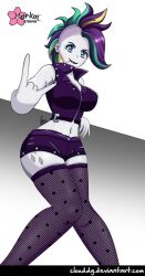 1girls 2017 artist_name blue_eyes clothes clouddg cutie_mark deviantart_username ear_piercing female female_focus female_only fishnet_thighhighs fishnets green_hair horns_gesture knees_together_feet_apart lipstick medium_breasts midriff mohawk my_little_pony my_little_pony_equestria_girls my_little_pony_friendship_is_magic pinup punk purple_hair purple_lipstick raripunk rarity_(eg) rarity_(mlp) sfw solo solo_female solo_focus three-tone_hair toothpick toothpick_in_mouth white_body white_skin yellow_hair