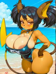 ai_assisted ai_generated beach big_ass big_breasts black_hair female_focus female_only furry_female generation_1_pokemon looking_at_viewer pokemon pokemon_(species) raichu serious_look shortstack solo solo_female solo_focus swimsuit tomboy tsundere wide_hips