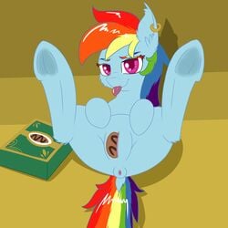 absurd_res annonymouse anus baked_goods cookie ear_piercing equine food friendship_is_magic hair hi_res horse mammal multicolored_hair my_little_pony pegasus penetration piercing pony pussy rainbow_dash_(mlp) red_eyes straight_hair vaginal_penetration wings