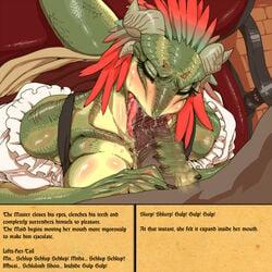 argonian black_nails blush breasts clothing colored_nails feathers fellatio female handjob horn human lifts-her-tail looking_back maid_uniform male mammal nezumi oral penis scalie sex sweat text the_elder_scrolls tongue uniform video_games yellow_eyes yellow_sclera