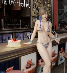 1girls 3d alluring auburn_hair bare_legs begs3 big_breasts bikini birthday_cake cleavage dead_or_alive dead_or_alive_xtreme_venus_vacation misaki_(doa) pin_up silf tecmo