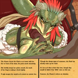 argonian black_nails blush breasts clothing colored_nails feathers female horn human lifts-her-tail looking_back maid_uniform male mammal nezumi penis scalie sweat text the_elder_scrolls uniform video_games yellow_eyes yellow_sclera