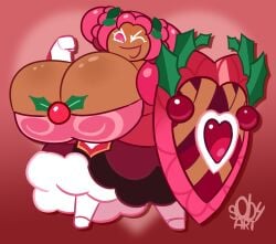 armor big_breasts cookie cookie_run cookie_run_kingdom female female_only gilf hollyberry_cookie huge_breasts hyper hyper_breasts mature_female pink_eyes pink_hair shield sob4art