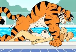 isabelle_(animal_crossing) tiger tony_the_tiger ai_generated himbotiger straight straight_sex hetero 1boy1girl penis cock dick vagina vaginal_sex pussy tight_pussy muscular muscular_male furry anthro kemono pectorals pecs big_pecs size_difference