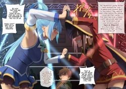 aqua_(konosuba) blue_eyes blue_hair brown_hair fight fighting fighting_ring kineluchs kono_subarashii_sekai_ni_shukufuku_wo! megumin red_eyes satou_kazuma wrestling