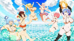 6+girls 6girls aqua_(konosuba) bikini black_bikini black_gloves black_legwear black_thighhighs blue_hair blue_sky breasts brown_hair cleavage cloud crossover crown_braid darkness_(konosuba) elbow_gloves emilia_(re:zero) erect_nipples eye_patch female female_only hair_flower hair_ribbon headdress highres horizon huge_breasts impossible_clothes isekai_quartet kono_subarashii_sekai_ni_shukufuku_wo! large_breasts legs_crossed long_hair looking_at_another low_ponytail megumin micro_bikini microskirt morokoshitaroh multiple_girls navel nipple_attached_clothing nipple_bulge nippleless_bra nipples ocean open_mouth pink_hair playing ponytail purple_eyes ram_(re:zero) re:zero_kara_hajimeru_isekai_seikatsu red_skirt rem_(re:zero) sea shiny_skin short_hair side-tie_bikini sideboob silver_hair sling_bikini small_breasts smile swimsuit thigh_strap thighhighs tied_hair v water x_hair_ornament yellow_bikini