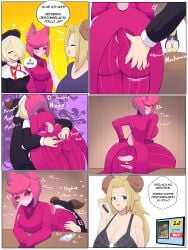 alastor_(hazbin_hotel) alastoria_(hazbin_hotel) alexnotoficial apps_(character) ass_grab big_ass big_breasts blonde_hair butt_grab comic comic_page excited_female female female_alastor goat_girl goat_horns hazbin_hotel high_resolution highres huge_ass kissing kissing_ass lesbian_kiss lesbian_sex milf mother_and_daughter no_panties nun only_female pink_hair rimming ripping_clothing rule_63 skirt_lift spanish_text tail text touching_ass usagi_star yuri