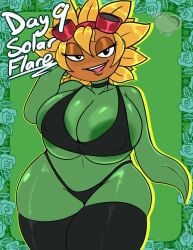 1girls areola areola_slip areolae areolae_slip black_eyes bra breasts character_name collar eyelashes female female_focus female_only freckles freckles_on_face goggles goggles_on_head green_body humanoid jyto leaf_arms leaf_hands looking_at_viewer open_mouth plant plant_girl plant_humanoid plants_vs_zombies rose rose_(flower) sexy simple_background smile solar_flare_(pvz) sunflower thighhighs thighs voluptuous voluptuous_female