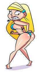 1girls atomickingboo bikini blonde_hair blue_bikini braceface braces embarrassed female_only lipstick looking_over_shoulder sharon_spitz solo teenager wedgie white_background