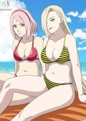 2girls angry annoyed beach big_breasts bikini blonde_hair blush breast_envy breast_focus breast_size_difference breasts clothing cocky envy female female_only hi_res ino_yamanaka jealous large_breasts looking_at_another looking_at_partner medium_breasts mocking multiple_females multiple_girls naruto naruto:_the_last naruto_(series) naruto_shippuden ninrubio pink_hair pinup plain_background sakura_haruno seaside sexually_suggestive sitting smile smug smug_face striped_bikini suggestive swimsuit tease teasing teenager upper_body voluptuous watermark yuri