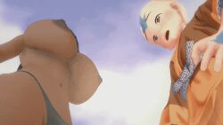 1boy 1girls 3d 3d_(artwork) aang almost_naked animated avatar_the_last_airbender bare_breasts below_view big_breasts blue_eyes bouncing_breasts breasts brown_skin bullying cuckold dark_skin disproportional embarrassed erect_nipples female fit_female from_below g-string huge_breasts katara koikatsu large_breasts male petite_body takeo92 teasing thong