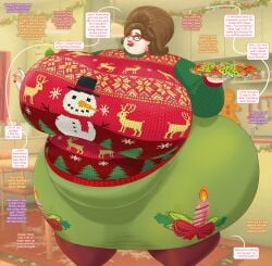 1girls acceptance after_transformation aunt bbw belly bouffant breasts_bigger_than_head brown_hair christmas christmas_cookies christmas_outfit christmas_sweater cookie dialogue english english_text enormous_ass enormous_breasts fat fat_ass fat_belly fat_face fat_female feet_out_of_frame female freckles freckles_on_face fully_clothed gender_transformation glasses green_eyes green_eyeshadow hi_res highres hips_wider_than_shoulders huge_breasts milf milfification mtf_transformation obese obese_female original part_2 reality_warping rule_63 saturnxart speech_bubble sweater text text_bubble this_is_your_life_now tooth_gap voluptuous voluptuous_body voluptuous_female wide_hips