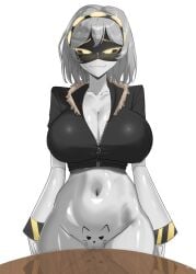 2026 android big_breasts black_clothing bottomless cleavage do_you_want_to_pet_my_cat_(meme) female_only first1.01 glitch_productions grey_hair huge_breasts looking_at_viewer murder_drones no_ai pubic_tattoo robot robot_girl shaved_pussy shiny_skin short_hair table twitter_link v_(murder_drones) white_background white_body