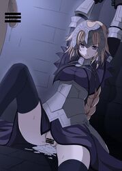 >:| 1boy after_sex armor armored_dress arms_up bar_censor black_legwear blonde_hair blush bound bound_wrists braid censored chains closed_mouth cuffs cum cum_in_pussy cum_pool fate/apocrypha fate/grand_order fate_(series) female flaccid gauntlets headpiece jeanne_d'arc_(fate) long_hair looking_at_viewer no_panties purple_eyes restrained shackles shiseki_hirame single_braid solo_focus spread_legs sweat thighhighs tied_hair