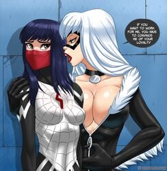 2girls black_cat_(marvel) black_hair blue_eyes blue_hair bodysuit breasts brown_eyes busty cindy_moon cleavage covered_breasts domino_mask english_text felicia_hardy female female_only flick large_breasts lips lipstick long_hair marvel marvel_comics mask multiple_females silk silk_(marvel) silver_hair spider-man_(series) text unzipped voluptuous white_hair yuri zipper zipper_pull_tab