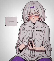 ... alluding blush blushing dialogue gloves homomorphic hoodie kira_(limbus_company) light_skin limbus_company misg1111 project_moon purple_eyes shark_teeth sharp_teeth short_hair similar_looking suggestive sweat the_middle_(identity)_(project_moon) the_middle_(project_moon) trembling white_hair