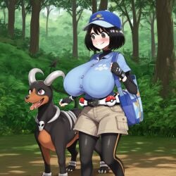 ai_generated bag black_hair black_legwear blush canine cap female_protagonist_(pokemon_ww) fingerless_gloves forest hellgar horns houndoom huge_breasts isitaitho motsuaki_style pokeball pokemon pokemon_(species) pokemon_ww