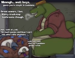 alligator alligatorid anthro avian bad_end bird bluebird clothing crocodilian death degradation deryn_(tastytales) digestion disposal eastern_bluebird fatal fatal_vore feces hat headgear headwear hi_res humiliation male male/male multiple_prey neptune_mereaux oral_vore oscine overweight overweight_male passerine reptile scalie scat scat_disposal size_difference tastytales thrush_(bird) trucker trucker_gator_(tastytales) trucker_hat unwilling_prey violet-backed_starling vore