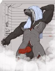 animal_genitalia anthro ball balls big_balls big_penis black_body black_fur casual_nudity covered_eyes drying facial_hair fog fur genitals goatee grey_body grey_fur hair hand_behind_head heavy_balls hi_res jace_ehnon knot knotted_penis kovu998 male markings muscular muscular_male navel nipples open_mouth penis presenting presenting_penis red_markings red_nipples red_penis saggy_balls sheath shower solo standing towel wet wet_penis white_facial_hair white_goatee white_hair white_markings