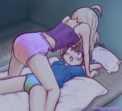 abdl bed blonde_hair brown_hair diaper female female/female female_on_top floor hozuki_momiji onii-chan_wa_oshimai! oyama_mahiro peeing pull_ups sleepover urination wetting_diaper yirakirin yukadon yuri