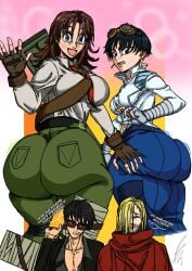 1boy 1girl 1girls 2boys 2girls bencarts big_ass big_breasts big_butt black_hair blonde_hair brown_hair groping_ass groping_from_behind long_hair meryl_stryfe milly_thompson molestation nicholas_d_wolfwood pale_skin shocked shocked_expression short_hair smile smiling tan_skin thick_ass trigun trigun_stampede vash_the_stampede waving