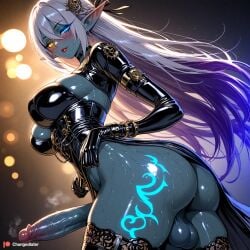 ai_generated blue_eyes blush bokeh bracelet bubble_butt changedlater choker curvy dark-skinned_futa dark_skin drow drow_(dnd) elf elf_ears elf_futa eyeliner eyeshadow futanari hair_ornament heterochromia humanoid large_ass large_breasts large_penis latex latex_clothing latex_gloves latex_stockings lipstick looking_at_viewer makeup markings musk musk_clouds narrow_waist pointed_ears posing seductive_look solo steampunk sweat sweaty tattoo thick_thighs two-tone_hair veiny_penis violet_hair white_hair wide_hips yellow_eyes