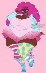 1girls artiah669 artist_name blue_eyes breasts chubby chubby_female curly_hair dark-skinned_female dark_skin eyelashes female female_focus female_only full_body humanized instagram_username looking_at_viewer my_little_pony pink_background pink_hair pinkie_pie_(mlp) race_swap sexy simple_background source_request tagme thick thick_thighs thighhighs twitter_username