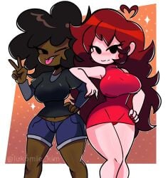 2girls afro ahoge auburn_hair average_breasts big_breasts black_eyes black_hair breasts brown_hair carol_(bbpanzu) curvy curvy_female curvy_figure dark-skinned_female dark_skin dress female female_focus female_only friday_night_funkin girlfriend_(friday_night_funkin) heart-shaped_ahoge liamvickers_98 light-skinned_female light_skin long_hair looking_at_viewer medium_hair nail_polish sexy shirt shorts simple_background skirt tagme tongue tongue_out