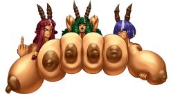 3girls angry angry_expression angry_face aria_(beefmaster) arms_behind_head arms_up blue_hair brown_areola brown_nipples brown_skin erect_nipples flipping_off goat_girl goat_horns green_hair green_lipstick grey_hair holding_breast horn inverted_nipples long_hair massive_breasts middle_finger milf opera_(beefmaster) pressing_breasts_together red_hair sad_eyes shanty_(beefmaster) short_hair shortstack sisters thick_lips tuko_(artist) yellow_eyes