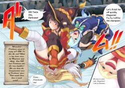 aqua_(konosuba) blonde_hair blue_eyes blue_hair brown_hair darkness_(konosuba) dominant dominant_female domination fight fighting fighting_ring kineluchs kono_subarashii_sekai_ni_shukufuku_wo! megumin red_eyes wrestling yuri