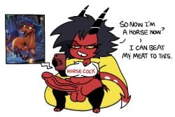 1futa 1girls 2026 2d 2d_(artwork) 2d_artwork balls ballsack bean_bag big_penis black_hair breasts clothed clothed_female demon demon_girl demon_horns dialog dialogue digital_art digital_drawing_(artwork) digital_media_(artwork) english_text erect_penis erection futanari gynomorph helluva_boss hyper_penis imp intersex millie_(helluva_boss) penis phone red_skin shortstack solo tagme text theslashfive veins veiny_penis