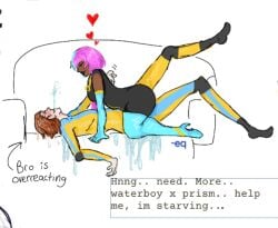 adhoc_studio black_female black_female_white_male black_woman blissed_out blush bob_cut closed_eyes clothed clothed_sex clothing couch couch_sex cumming_in_clothes cumming_in_pants dangling_arms dark-skinned_female dark_skin dispatch_(game) dominant_female dry_humping ebony ebony_female eyes_open fountain fully_clothed grinding grinding_on_penis grinding_through_clothes interracial interracial_couple limbs_tied_in_knots magma_(software) nerdy_male outercourse pink_and_blue_hair premature_ejaculation prism_(dispatch) rubbing_through_pants sketch spit spitting spitting_water submissive_male text too_tall waterboy_(dispatch) wet wet_body wet_clothes wet_clothing wet_hair wet_humping wet_skin wetsuit white_male_black_female white_man whiteboard