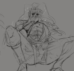 anonymous_hand black_sclera blush blush_lines breathing_heavily claws cock_out dick dick_out hand_on_cheek hand_to_face handjob heart-shaped_pupils heart_eyes hearts_around_head hot_breath jester jester_cap jester_costume jester_hat jester_outfit legs_apart legs_spread lipstick_mark lipstick_marks lipstick_on_chest monster monster_boy obsessed obsessed_male obsession oneirocorrp open_shirt panting penis_out pierrot_(the_freak_circus) precum precum_string shaking shaking_legs sharp_claws shivering shivering_in_delight sketch stroking stroking_cock stroking_dick stroking_penis teasing_penis teratophilia the_freak_circus veiny_penis