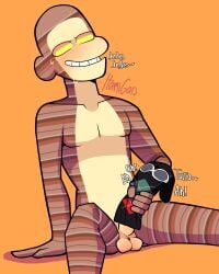 2025 2boys 31_minutos 5_fingers argyle argyle_legwear balls blush calcetín_con_rombos_man cartoony cel_shading eyes_half_open frown gay gay_sex googles hand_on_penis itamigao living_sock male/male male_only male_penetrated male_penetrating masturbating masturbation moaning moaning_in_pleasure monkey_boy multicolored_body muscular muscular_male naked no_background no_pupils non-human nude nude_male orange_background pecs penis primate_humanoid puppet self_upload signature simple_background sitting smile smiling sock striped_body sweat sweating text toony tulio_triviño yaoi yellow_sclera