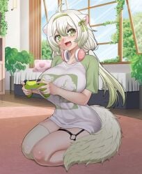 1girls ahoge controller curvy female ferret_ears ferret_girl ferret_tail green_eyes green_hair headphones hoosu indie_virtual_youtuber iocus-art laimu large_breasts looking_at_viewer massive_breasts open_mouth smile thick thick_thighs thighhighs thighs twintails virtual_youtuber vtuber white_hair