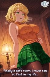 ai_assisted ai_generated ashley_graham ashley_graham_(ella_freya) bare_shoulders big_breasts blonde_female blonde_hair breasts caption clothed clothed_female comic curvy curvy_body curvy_female green_eyes heavy_breathing large_breasts moonwool_branch open_mouth pantyhose resident_evil resident_evil_4 resident_evil_4_remake short_hair sweat talking talking_to_viewer thick_ass thick_thighs thighs uncensored