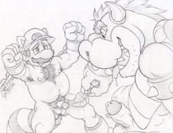 armpit_hair armpits balls barefoot big_muscles bowser bracelet dudebulge duo erection evil_face facial_hair feathers gay greyscale hairy headgear human human_on_anthro humanoid_penis interspecies jewelry koopa male male_only mammal mario mario_(series) monochrome moobs motion_lines moustache musclegut muscular navel nintendo nude open_mouth pencil_(artwork) penis precum pubic_hair raccoon_boy raccoon_ears raccoon_mario raccoon_tail retracted_foreskin scalie signature smile smirk spiked_bracelet spikes spread_eagle stubble super_mario_bros._3 sweat sweatdrop tickling tongue tongue_out traditional_media_(artwork) uncut vein veiny_penis yaoi