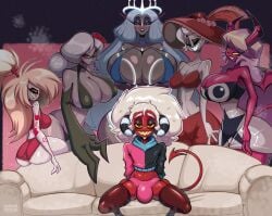 1boy 5girls angel angel_girl ass average_breasts big_breasts black_eyes black_sclera breast_size_difference breasts bulge carmilla_carmine cherri_bomb_(hazbin_hotel) couch crop_top cyclops demon demon_boy demon_girl demon_horns demon_tail demon_wings female femboy grey_body grey_skin halo hazbin_hotel hellaverse helluva_boss imp long_hair male male/female mature mature_female no_humans pink_skin red_skin rosie_(hazbin_hotel) sera_(hazbin_hotel) sexy sharp_teeth short_hair shorter_male shortstack size_difference smile stormrayneart succubus surrounded tagme tagme_(artist) tagme_(character) tattoo tattoos verosika_mayday_(helluva_boss) wings yellow_sclera
