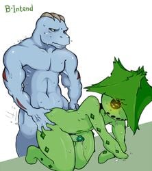 2boys anal anal_sex ass_grab b-intend cacturne doggy_style erection from_behind gay humanoid_penis interspecies machoke male male_only multiple_boys muscular nintendo penis pokemon pokemon_(species) sex sweat testicles text yaoi