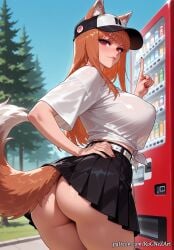 1girl 2026 ai_generated alternate_breast_size animal_ear_fluff animal_ears animal_tail anime artist_name ass bangs baseball_cap belt black_headwear black_skirt blue_sky blush boobs breasts brown_hair buttocks cat_ears cleavage closed_mouth commando cowboy_shot crossover day ears_through_headwear eye_contact fang fang_out female female_focus flushed from_behind hand_on_hip hat highres holo holo_(spice_and_wolf) huge_breasts index_finger_raised large_breasts lips long_hair looking_at_viewer looking_back miniskirt nail_polish neutral_expression no_panties nsfw outdoors patreon patreon_username pleated_skirt red_eyes red_nails rognezart shiny shiny_hair shiny_skin shirt short_sleeves skirt sky smile smiling solo spice_and_wolf standing tail thick_thighs thighs tied_shirt tree underbutt vending_machine very_long_hair white_belt white_shirt wolf_ears wolf_girl wolf_tail