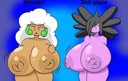 black_hair blue_eyes breast_expansion breasts brown_skin gothitelle huge_breasts igphhangout large_breasts madison_the_gothitelle nekeisha_(igph) nekeisha_the_whimsicott nipples nude pokemon pokemorph pokephilia puffy_nipples purple_skin whimsicott white_hair yellow_eyes