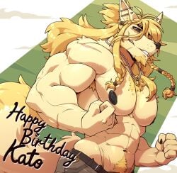 1boy abs anthro anthro_male anthro_only athletic athletic_anthro athletic_male bara beard belt biceps birthday black_nails black_nipples black_pants black_sclera blonde_hair braid braided_hair clenched_hands clenched_teeth eye_bags eyebags eyebrow_scar fangs fluffy fur furry furry_male furry_only hairy hairy_armpits hairy_chest hairy_male humanoid long_hair male male_focus male_only muscular muscular_anthro muscular_male myiko necklace nipples original pants pierced_ears piercing piercings pubic_hair saisaki_kato scar scar_across_eyebrow scar_on_arm scar_on_face scar_on_shoulder scars sharp_teeth shirtless shirtless_male simple_background snout solo tail toned toned_body toned_male utau white_eyes yellow_body yellow_fur yellow_hair
