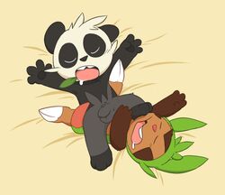 armpits balls black_fur brown_fur chespin flaccid fur grey_fur male nintendo oob open_mouth pancham penis pokemon saliva sleeping uncut video_games yaoi young