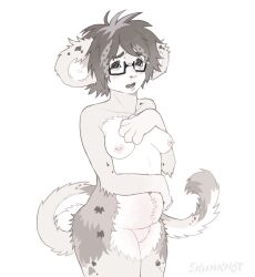 big_eyes blush blush_lines blushing_at_viewer chubby chubby_female furry furry_breasts furry_ears furry_female furry_only furry_tail glasses monkey naked naked_female nipple_piercing piercing short_hair short_hair_female shy shy_female skunknot thick_thighs yiff