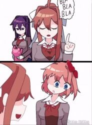 1feral 3girls animated blah_blah_blah blue_eyes bored bored_expression bouncing_breasts breast_focus brown_hair clothed clothing distracted doki_doki_literature_club feline feral_on_female kneading kneading_breast looking_at_another looking_at_breasts monika_(doki_doki_literature_club) no_sound no_visible_genitalia ogling pink_fur pink_hair playing_with_breasts purple_eyes purple_hair sayori_(doki_doki_literature_club) school_uniform schoolgirl schoolgirl_uniform shiro_burro tagme talking through_clothes through_clothing touching_breast video yuri yuri_(doki_doki_literature_club)