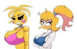 2026 2d 2d_(artwork) 2d_artwork 2girls animatronic animatronic_female annoyed annoyed_expression annoyed_face anthro avian beak big_breasts bird bird_girl blonde blonde-haired_female blonde_female blonde_hair bra breast_size_comparison breast_size_difference breasts chicken chicken_girl chuck_e_cheese_(franchise) digital_art digital_drawing_(artwork) digital_media_(artwork) duo female five_nights_at_freddy's five_nights_at_freddy's_2 furry furry_female galliform gallus_(genus) helen_henny mascot medium_breasts nellycakezilla phasianid ponytail ponytail_female robot robot_girl tagme toy_chica_(fnaf) white_feathers yellow_body